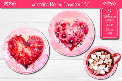 Round coaster Sublimation Valentine Heart flower car coaster design Watercolor PNG Sublimation Createya Design 