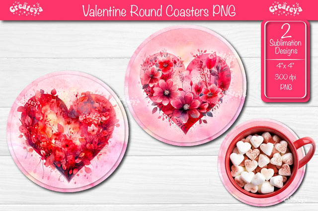 Round coaster Sublimation Valentine Heart flower car coaster design Watercolor PNG Sublimation Createya Design 