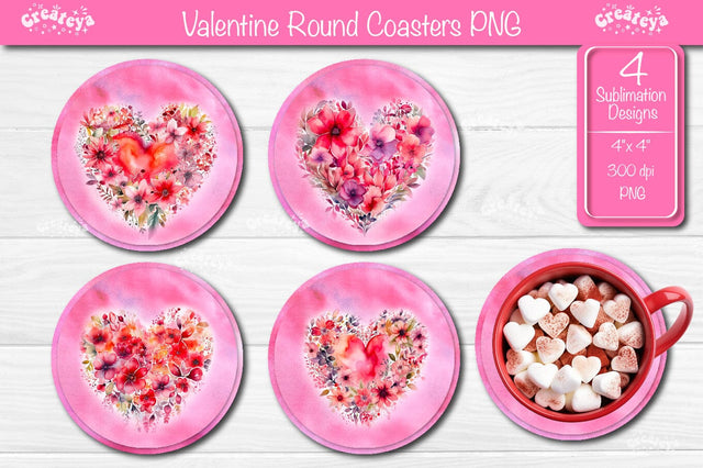 Round coaster Sublimation Valentine Heart flower car coaster design Watercolor PNG Sublimation Createya Design 