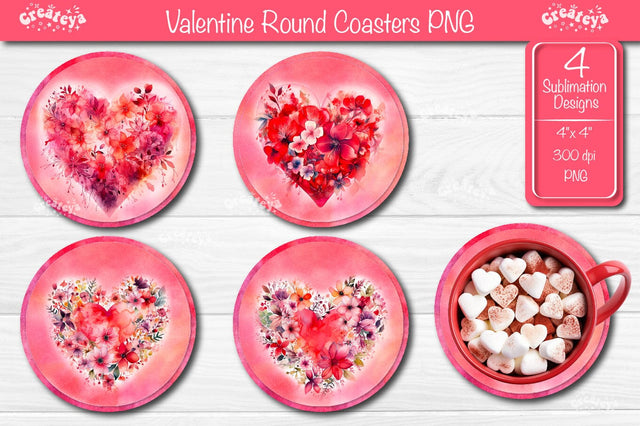 Round coaster Sublimation Valentine Heart flower car coaster design Watercolor PNG Sublimation Createya Design 