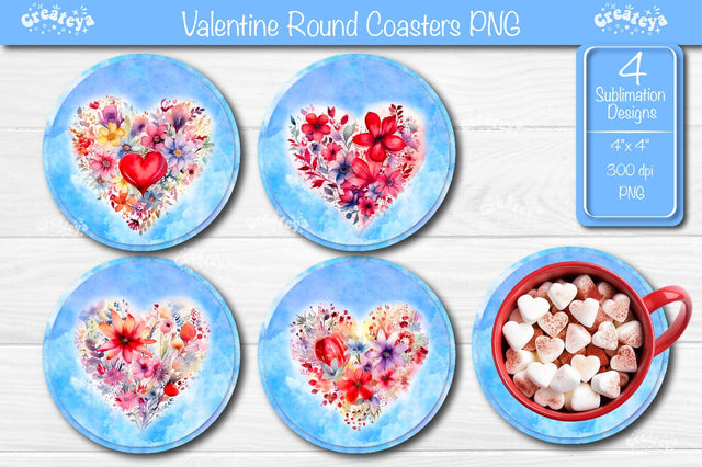 Round coaster Sublimation Valentine Heart flower car coaster design Watercolor PNG Sublimation Createya Design 