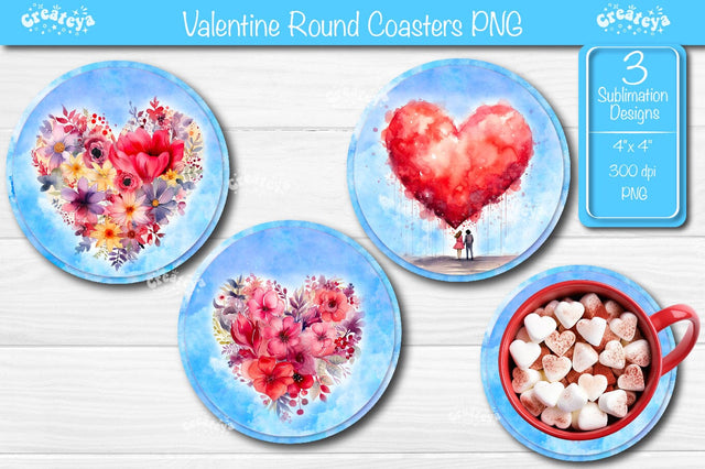 Round coaster Sublimation Valentine Heart flower car coaster design Watercolor PNG Sublimation Createya Design 
