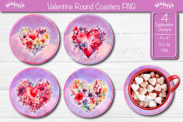 Round coaster Sublimation Valentine Heart flower car coaster design Watercolor PNG Sublimation Createya Design 