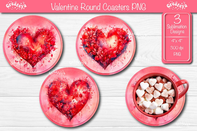 Round coaster Sublimation Valentine Heart flower car coaster design Watercolor PNG Sublimation Createya Design 