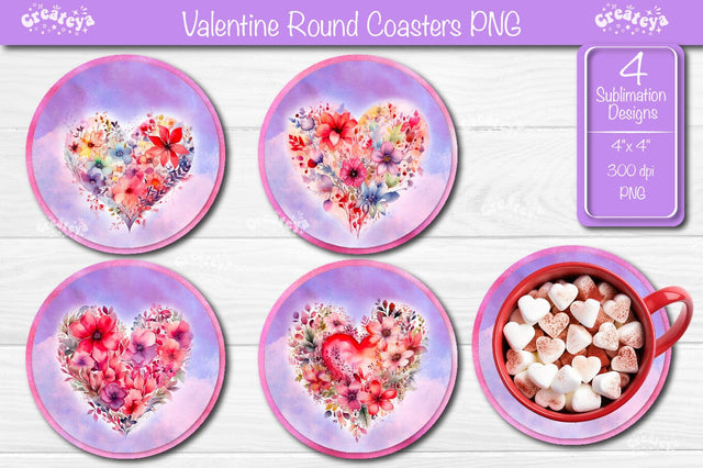 Round coaster Sublimation Valentine Heart flower car coaster design Watercolor PNG Sublimation Createya Design 