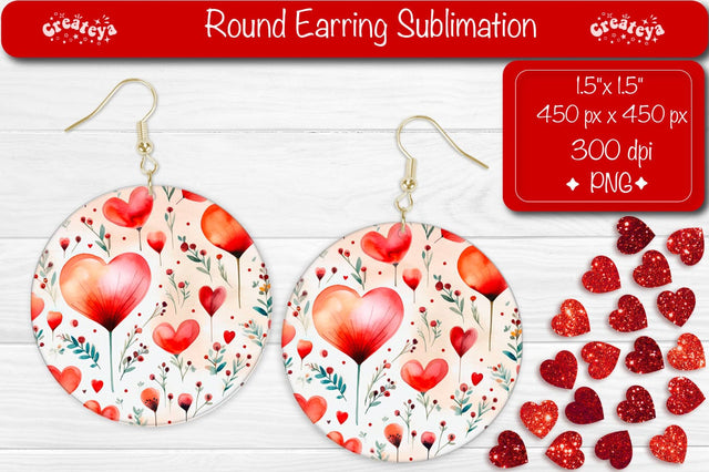 Round Earring Designs – Valentine’s Flower Hearts Sublimation Sublimation Createya Design 