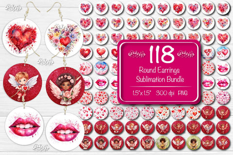 Round earring Sublimation bundle Valentine earrings Flower Hearts Watercolor png Sublimation Createya Design 