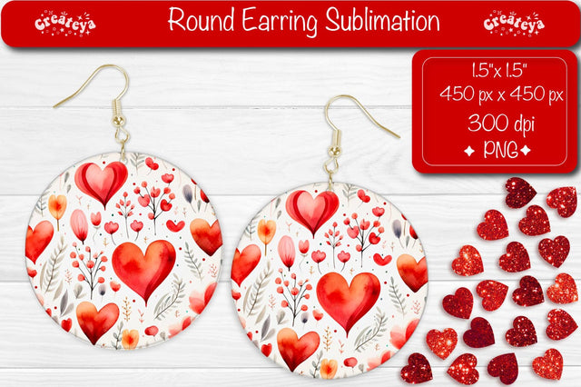 Round Earring Sublimation Designs Flower Hearts Valentine earrings Sublimation Createya Design 