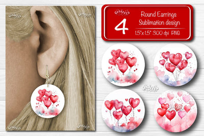 Round Earring Sublimation Designs Heart Balloon Valentine earrings Sublimation Createya Design 