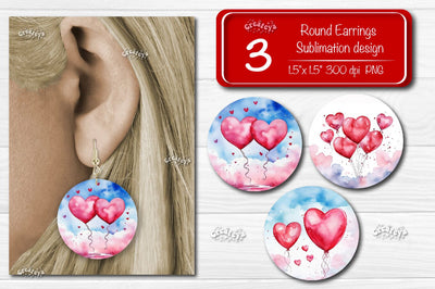 Round Earring Sublimation Designs Heart Balloon Valentine earrings Sublimation Createya Design 