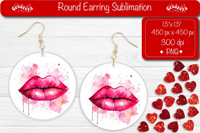 Round Earring Sublimation Designs Red Lips Valentine earrings png Sublimation Createya Design 