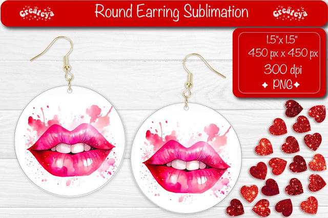 Round Earring Sublimation Designs Red Lips Valentine earrings Sublimation Createya Design 