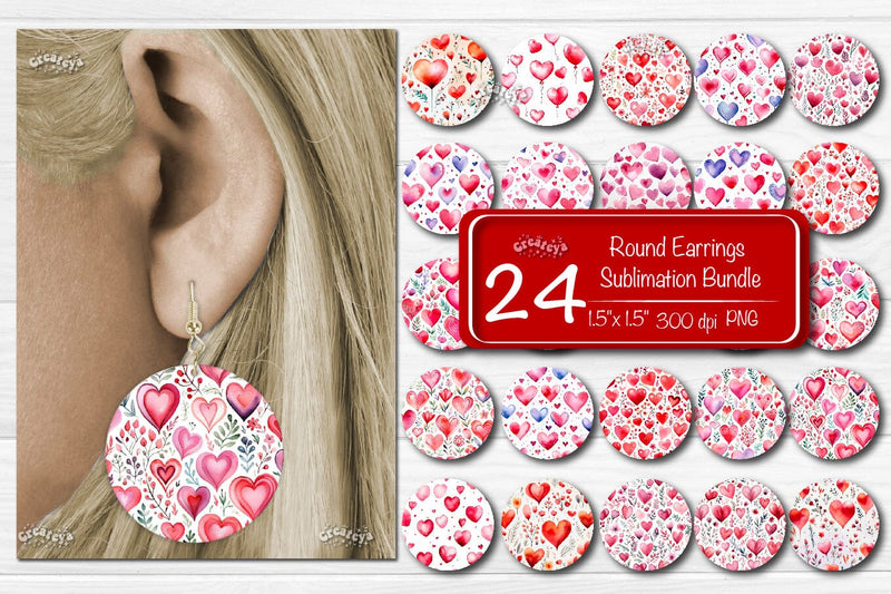 Round earring Sublimation earring bundle Flower Heart png Sublimation design Valentine Hearts Watercolor png Sublimation Createya Design 