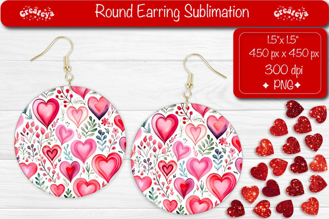 Round Earring Sublimation Patterns – Romantic Flower Hearts Sublimation Createya Design 