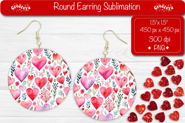 Round Earrings for Valentine’s – Flower Hearts Sublimation Sublimation Createya Design 