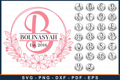 Round Floral flowers split monogram alphabet letter font SVG design, Family name sign SVG D2PUTRI Designs 