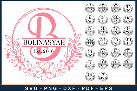 Round Floral flowers split monogram alphabet letter font SVG design, Family name sign SVG D2PUTRI Designs 