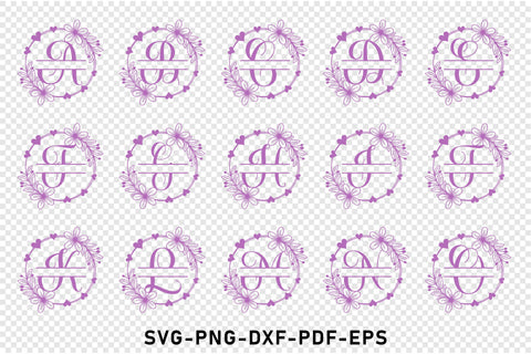 Round floral split monogram alphabet letters font SVG design, Family name sign SVG D2PUTRI Designs 
