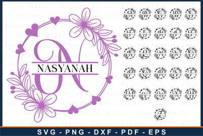 Round floral split monogram alphabet letters font SVG design, Family name sign SVG D2PUTRI Designs 