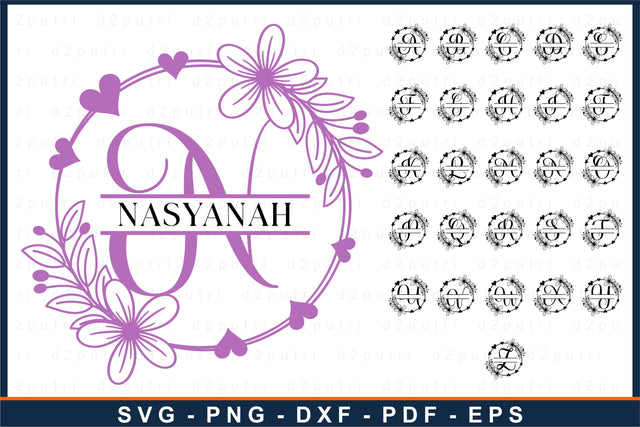 Round floral split monogram alphabet letters font SVG design, Family name sign SVG D2PUTRI Designs 