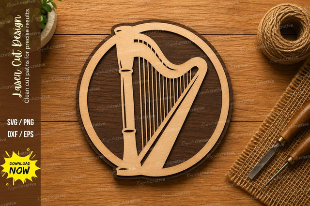 Round Harp Frame SVG | Elegant Musical Instrument Laser Cut Design | Glowforge CNC DXF PNG EPS SVG Regulrcrative 