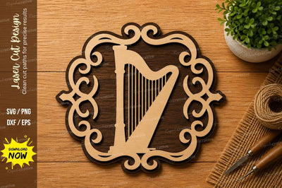 Round Harp Frame SVG | Musical Instrument Laser Cut Design | Wooden Glowforge CNC DXF PNG EPS SVG Regulrcrative 