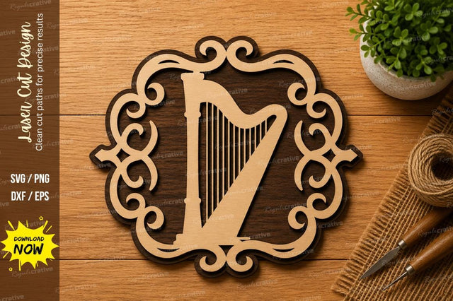 Round Harp Frame SVG | Musical Instrument Laser Cut Design | Wooden Glowforge CNC DXF PNG EPS SVG Regulrcrative 
