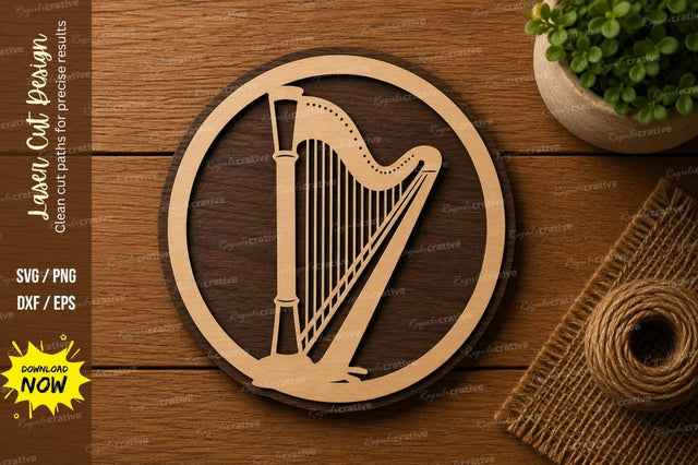 Round Harp Ornament SVG | Elegant Musical Instrument Laser Cut File | Glowforge CNC DXF PNG EPS SVG Regulrcrative 