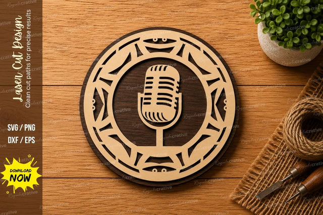 Round Microphone Frame SVG | Music Podcast Laser Cut File | Glowforge CNC DXF PNG EPS SVG Regulrcrative 