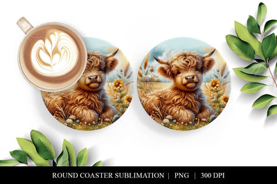 Round Printable Highland Cow Coaster Design Sublimation PNG Sublimation BijouBay 