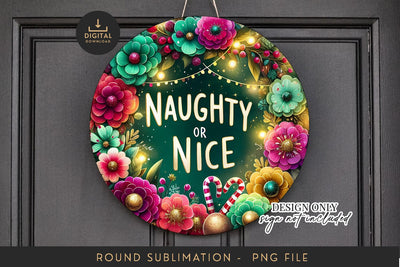 Round Sublimation PNG Naughty or Nice Funny Door Wreath Sublimation BijouBay 