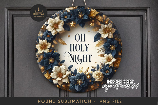 Round Sublimation PNG Oh Holy Night Navy Gold Wreath Sublimation BijouBay 
