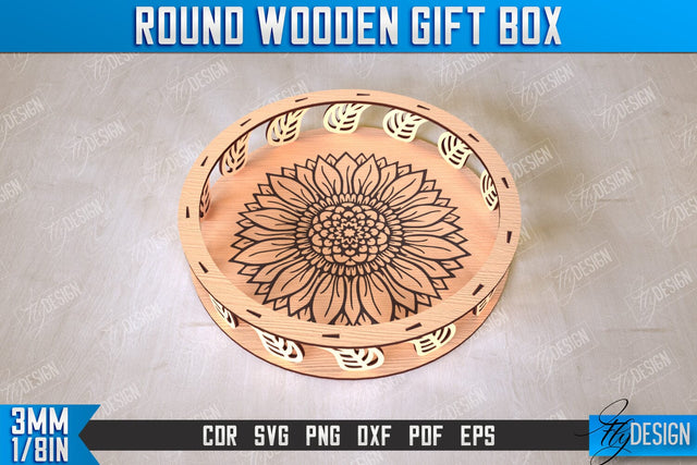 Round Wooden Gift Box | Jewelry Box | Decorative Tray | Dessert Stand | CNC File SVG Fly Design 