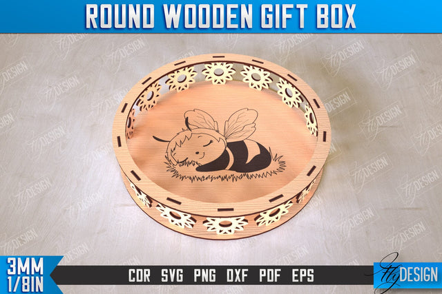 Round Wooden Gift Box | Jewelry Box | Decorative Tray | Dessert Stand | CNC File SVG Fly Design 