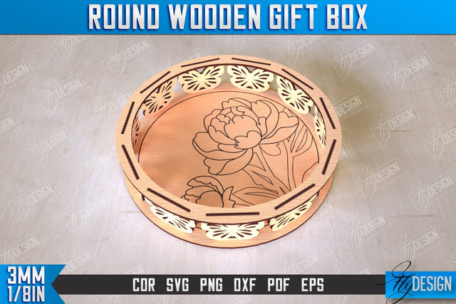 Round Wooden Gift Box | Jewelry Box | Decorative Tray | Dessert Stand | CNC File SVG Fly Design 
