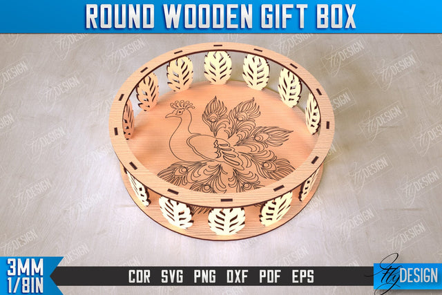 Round Wooden Gift Box | Jewelry Box | Decorative Tray | Dessert Stand | CNC File SVG Fly Design 