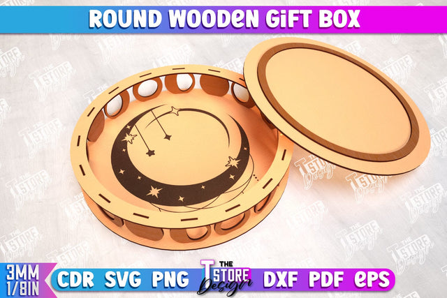 Round Wooden Gift Box | Jewelry Box | Decorative Tray | Dessert Stand | CNC File SVG The T Store Design 