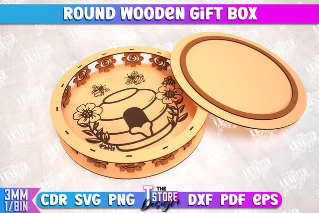 Round Wooden Gift Box | Jewelry Box | Decorative Tray | Dessert Stand | CNC File SVG The T Store Design 