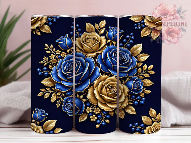 Royal Blue Gold Roses 20oz Tumbler, Rose Motif, Gold Accent, Royal Blue Theme, Elegant Art Design, Glam Charm, Sublimation Wrap, 20oz Tumbler Sublimation Li Zamperini 