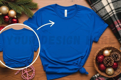 Royal blue t-shirt mockup with christmas decorations Mock Up Photo Designangry 