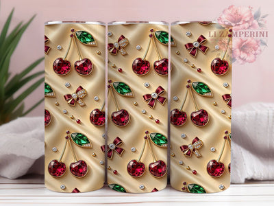 Ruby Cherry Luxe 20oz Tumbler, Ruby cherry design, Luxe tumbler wrap, 20oz skinny tumbler, Glam cherry print, Sublimation tumbler wrap, Sparkly cherry design, Cherry tumbler design Sublimation Li Zamperini 