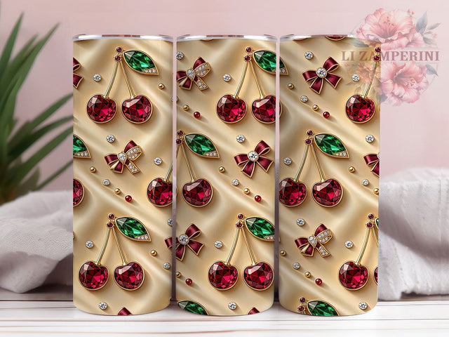 Ruby Cherry Luxe 20oz Tumbler, Ruby cherry design, Luxe tumbler wrap, 20oz skinny tumbler, Glam cherry print, Sublimation tumbler wrap, Sparkly cherry design, Cherry tumbler design Sublimation Li Zamperini 