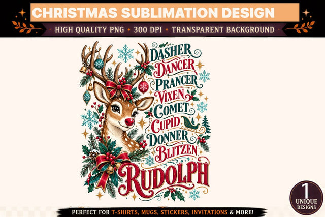Rudolph Christmas Reindeer SVG PNG, 8 Reindeer Names Christmas Sublimation Design, Vintage Christmas Shirt Graphic Sublimation BlackCatsMedia 