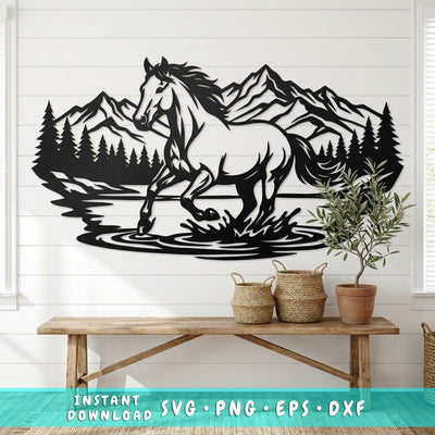 Running Horse Laser SVG, Wild Mustang Metal Wall Art, Plasma Cut File, CNC Laser Cut Vector, Mountain Forest Horse Silhouette, DXF Png Eps SVG HappyDesignStudio 