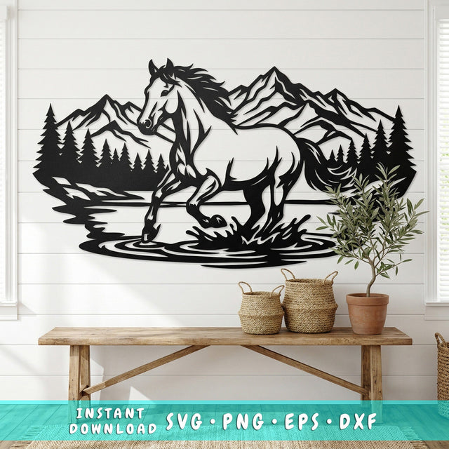 Running Horse Laser SVG, Wild Mustang Metal Wall Art, Plasma Cut File, CNC Laser Cut Vector, Mountain Forest Horse Silhouette, DXF Png Eps SVG HappyDesignStudio 