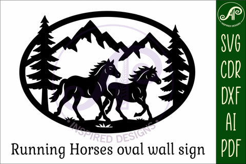 Running Horses mountain scene Oval wall sign laser cut file SVG APInspireddesigns 