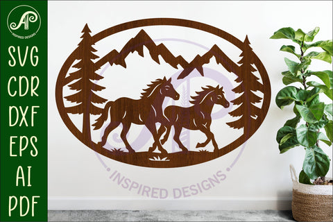 Running Horses mountain scene Oval wall sign laser cut file SVG APInspireddesigns 