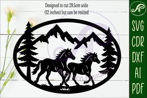 Running Horses mountain scene Oval wall sign laser cut file SVG APInspireddesigns 