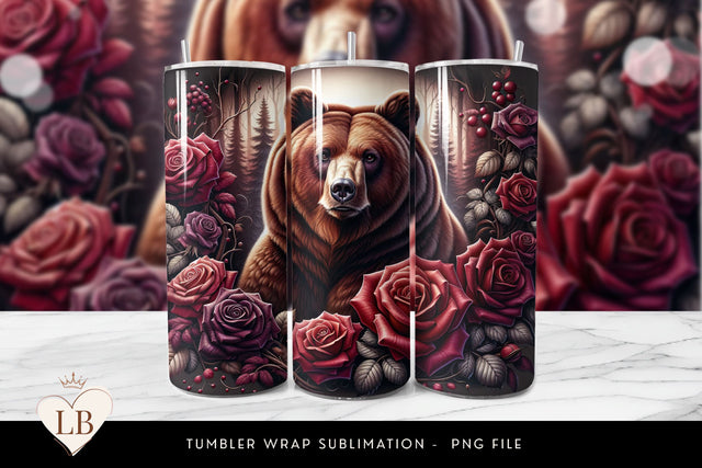 Rustic Bear & Roses Tumbler Wrap Sublimation PNG Sublimation BijouBay 