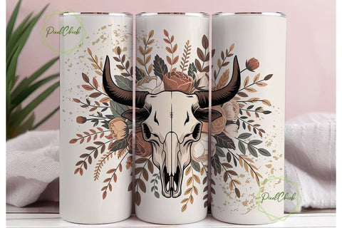 Rustic Bull Skull Floral 20oz Tumbler Sublimation PixelChick 